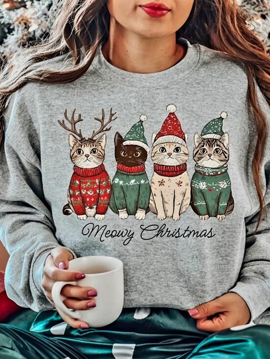 Tops - Meowy Christmas Grey Cat Sweatshirt
